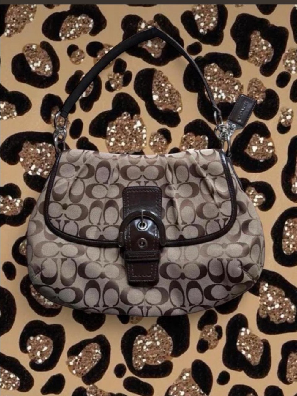 Vintage Y2K Coach Soho Signature Jacquard Flap Brown Tan Shoulder Bag